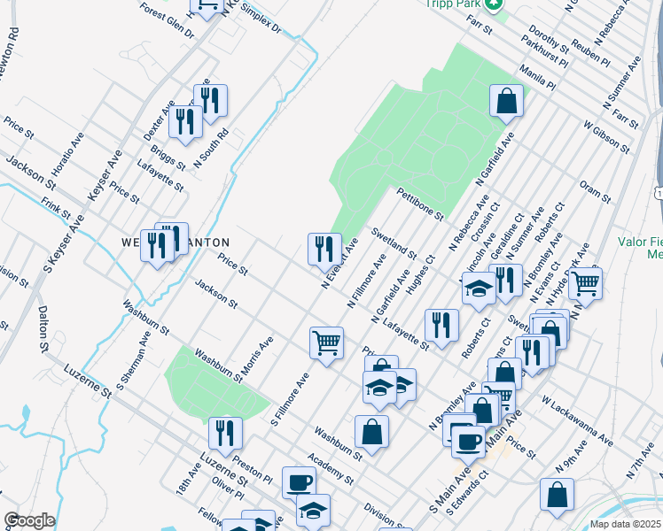 map of restaurants, bars, coffee shops, grocery stores, and more near 317 North Everett Avenue in Scranton