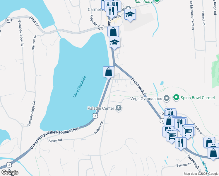 map of restaurants, bars, coffee shops, grocery stores, and more near 27 Seminary Hill Road in Carmel Hamlet