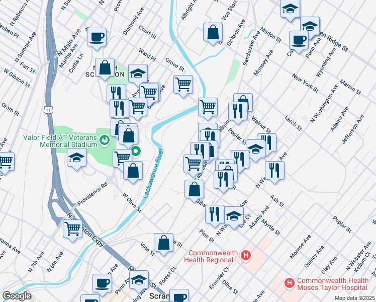 map of restaurants, bars, coffee shops, grocery stores, and more near 918 Sanderson Avenue in Scranton