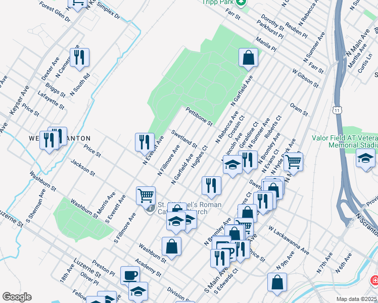 map of restaurants, bars, coffee shops, grocery stores, and more near 351 Beddoe Court in Scranton