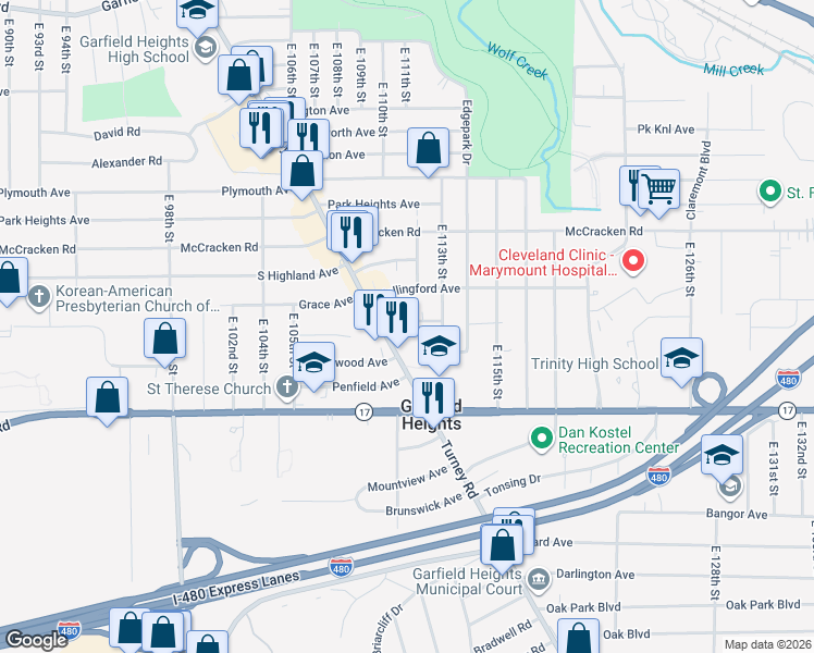 map of restaurants, bars, coffee shops, grocery stores, and more near 5233 Turney Road in Garfield Heights