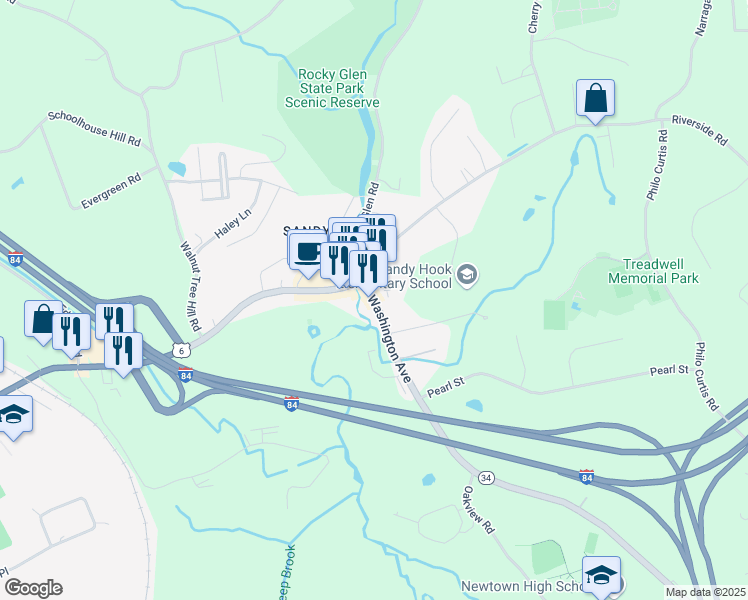 map of restaurants, bars, coffee shops, grocery stores, and more near 5 Washington Avenue in Newtown