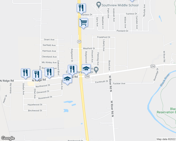 map of restaurants, bars, coffee shops, grocery stores, and more near 5443 Ridgewood Street in Lorain