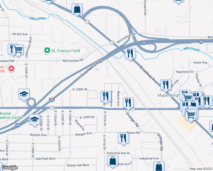 map of restaurants, bars, coffee shops, grocery stores, and more near 5197 Milo Avenue in Maple Heights