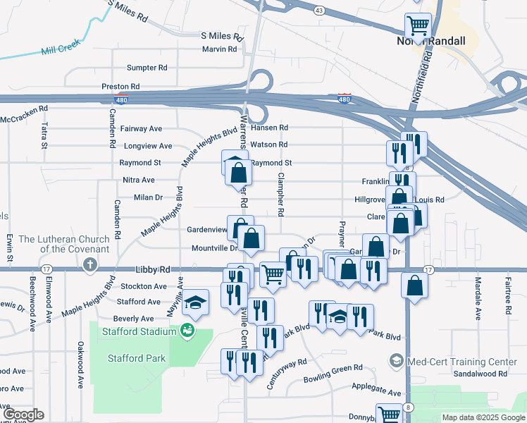 map of restaurants, bars, coffee shops, grocery stores, and more near 20515 Clare Avenue in Maple Heights