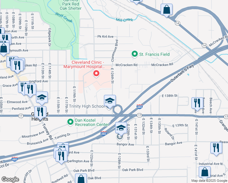 map of restaurants, bars, coffee shops, grocery stores, and more near 5275 East 126th Street in Garfield Heights