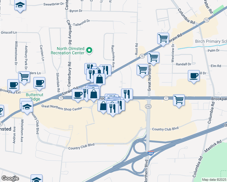 map of restaurants, bars, coffee shops, grocery stores, and more near 25735 Lorain Road in North Olmsted