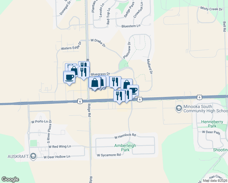 map of restaurants, bars, coffee shops, grocery stores, and more near 25445 Pheasant Lane in Channahon