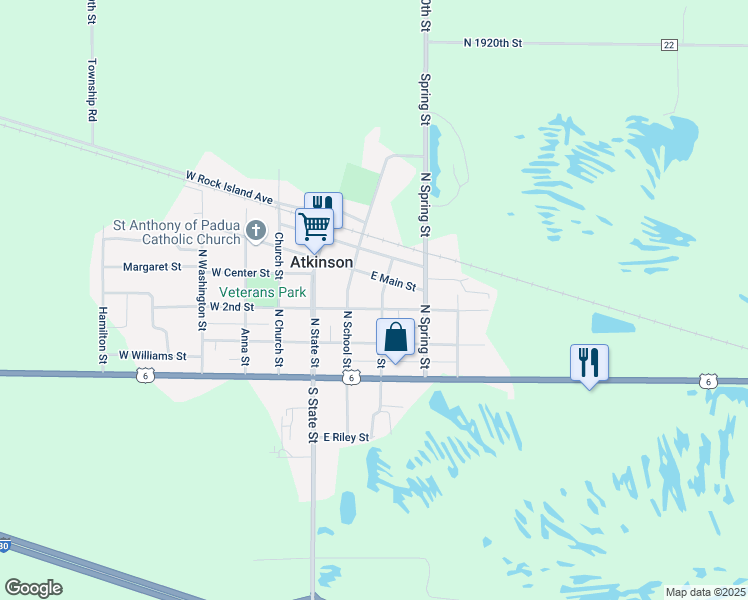 map of restaurants, bars, coffee shops, grocery stores, and more near 200-208 East 2nd Street in Atkinson