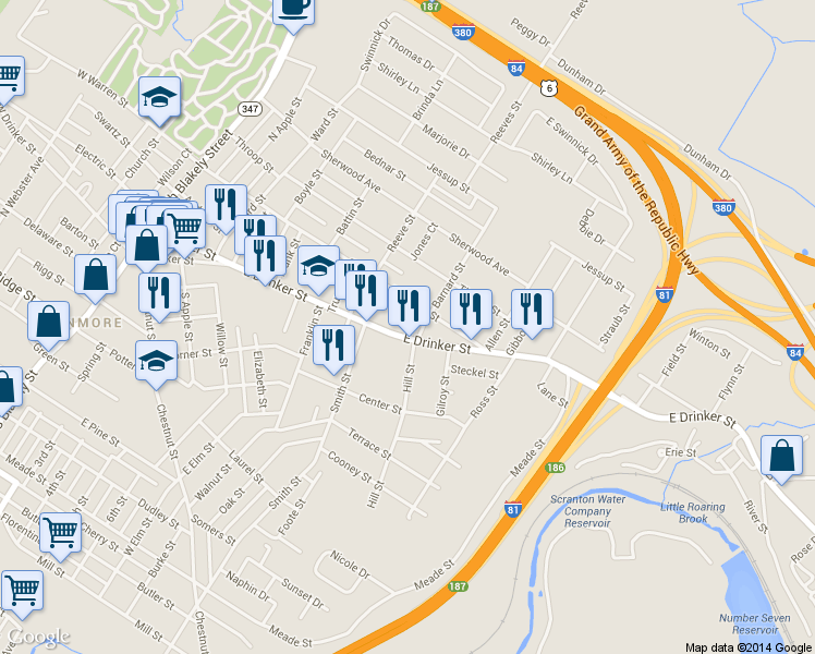 map of restaurants, bars, coffee shops, grocery stores, and more near 625 E Drinker St in Dunmore
