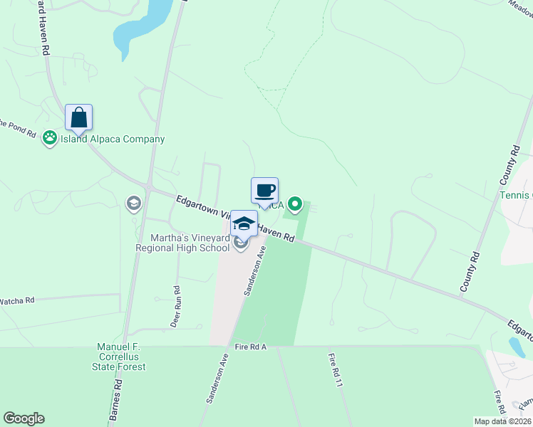 map of restaurants, bars, coffee shops, grocery stores, and more near 1 Village Road in Oak Bluffs