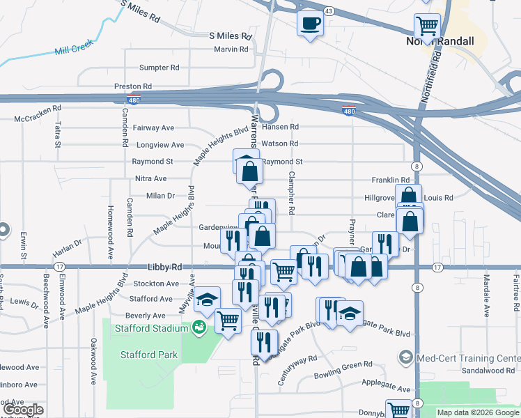 map of restaurants, bars, coffee shops, grocery stores, and more near 5175 Warrensville Center Road in Maple Heights