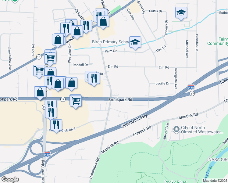 map of restaurants, bars, coffee shops, grocery stores, and more near 4811 Columbia Road in North Olmsted