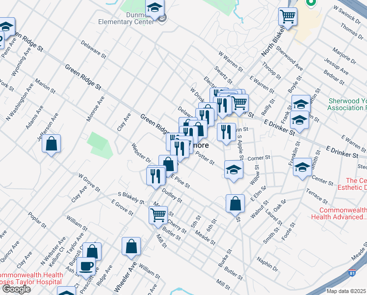 map of restaurants, bars, coffee shops, grocery stores, and more near in Dunmore
