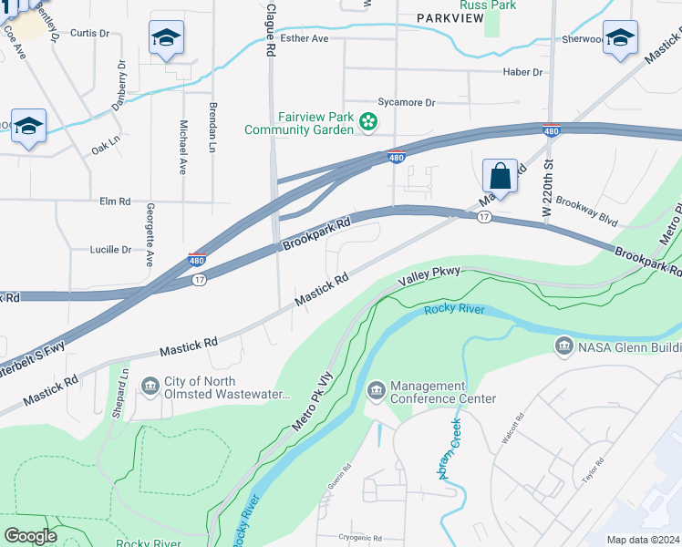 map of restaurants, bars, coffee shops, grocery stores, and more near 22900 Mastick Road in Fairview Park