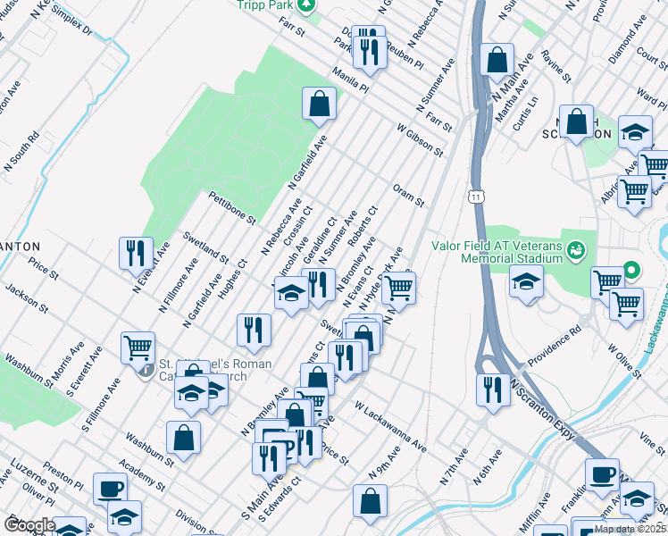 map of restaurants, bars, coffee shops, grocery stores, and more near 1318 Pettibone Street in Scranton