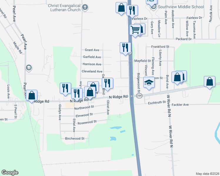map of restaurants, bars, coffee shops, grocery stores, and more near 2128 Roosevelt Avenue in Lorain
