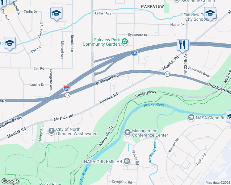 map of restaurants, bars, coffee shops, grocery stores, and more near 22900 Mastick Road in Fairview Park