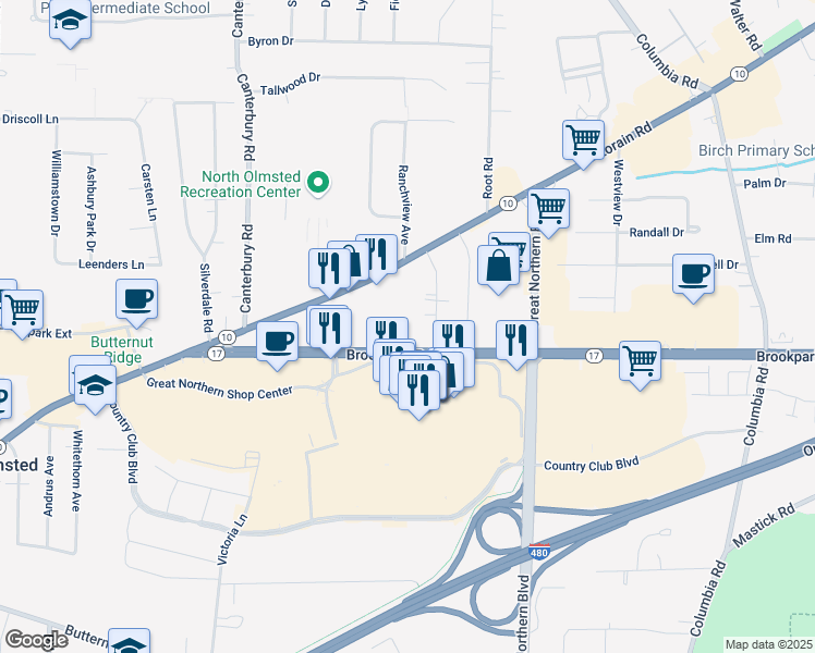 map of restaurants, bars, coffee shops, grocery stores, and more near 25735 Lorain Road in North Olmsted