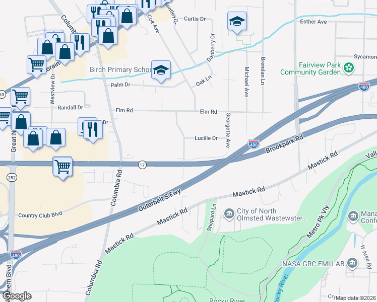 map of restaurants, bars, coffee shops, grocery stores, and more near 4823 Grace Road in North Olmsted