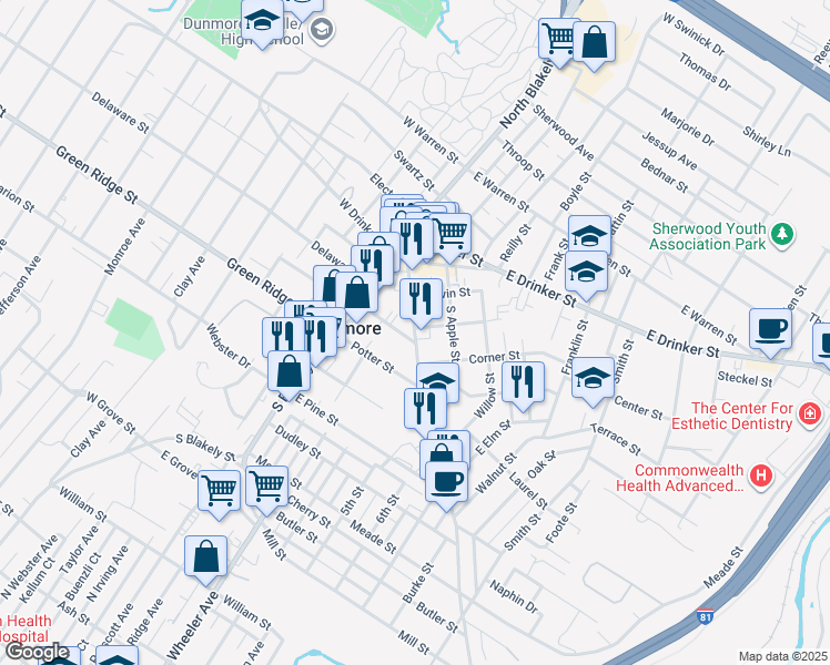 map of restaurants, bars, coffee shops, grocery stores, and more near Shoemaker Street in Dunmore