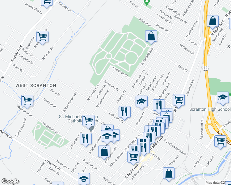 map of restaurants, bars, coffee shops, grocery stores, and more near 351 Beddoe Court in Scranton