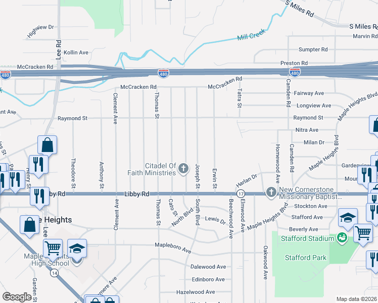 map of restaurants, bars, coffee shops, grocery stores, and more near 5194 Joseph Street in Maple Heights