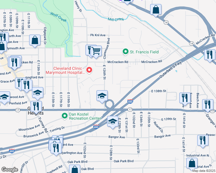 map of restaurants, bars, coffee shops, grocery stores, and more near 5275 East 126th Street in Garfield Heights