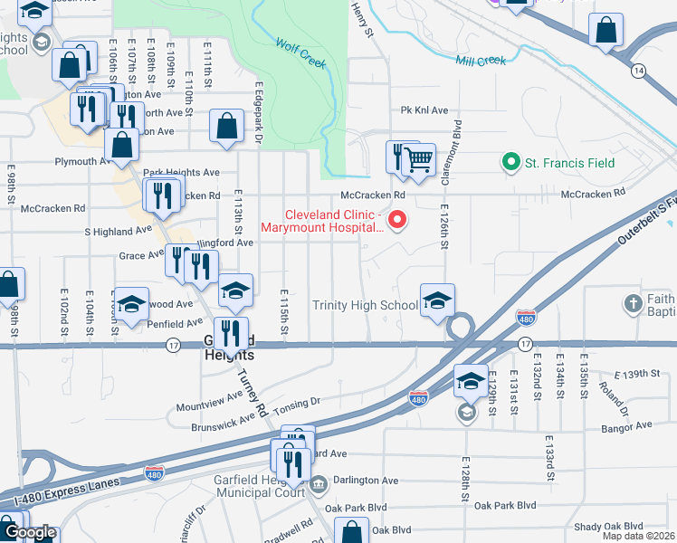 map of restaurants, bars, coffee shops, grocery stores, and more near 5226 East 119th Street in Garfield Heights