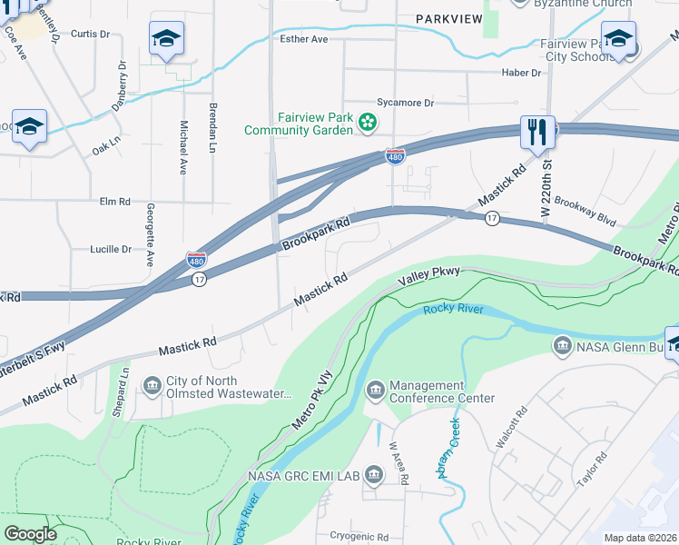 map of restaurants, bars, coffee shops, grocery stores, and more near 22900 Mastick Road in Fairview Park