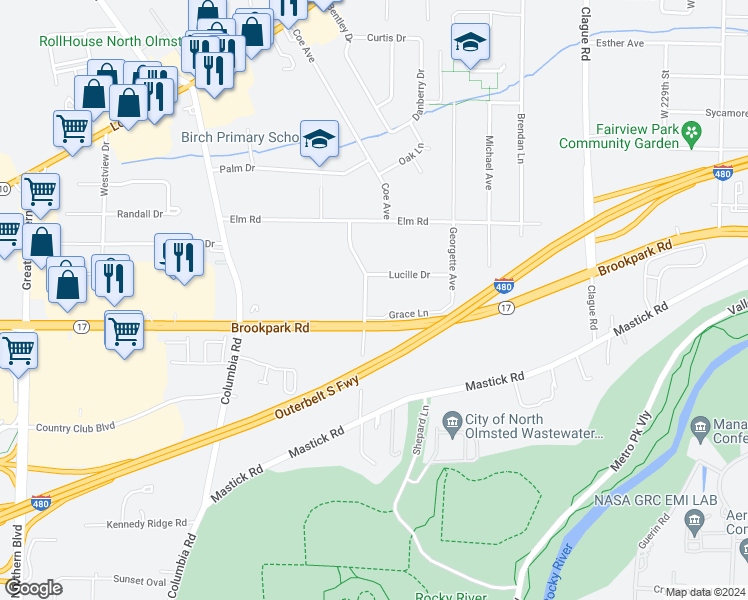 map of restaurants, bars, coffee shops, grocery stores, and more near 4823 Grace Road in North Olmsted