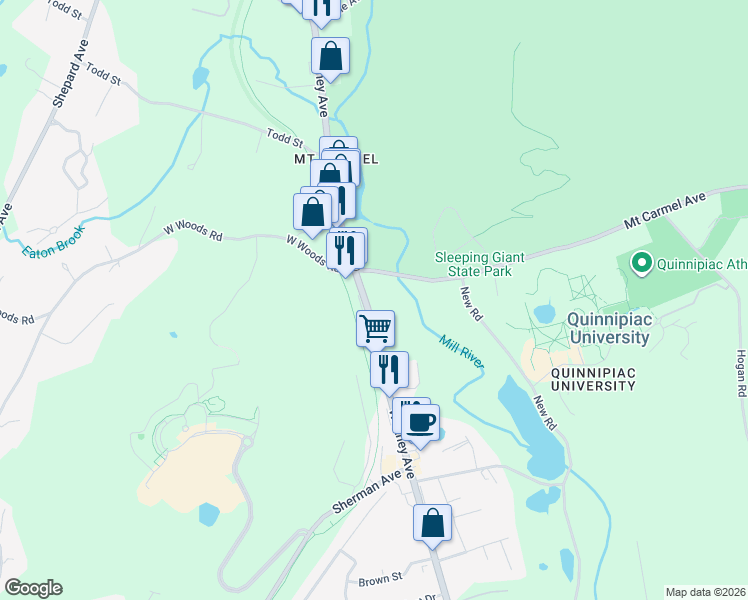 map of restaurants, bars, coffee shops, grocery stores, and more near 3449 Whitney Avenue in Hamden