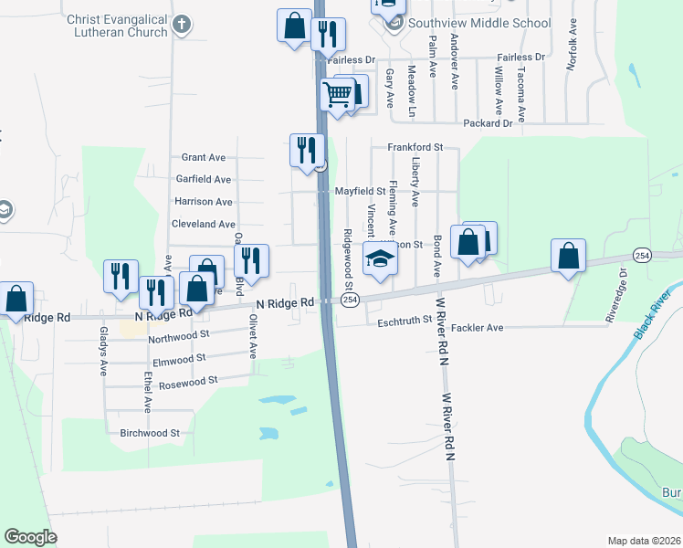 map of restaurants, bars, coffee shops, grocery stores, and more near 5400 Ridgewood Street in Lorain