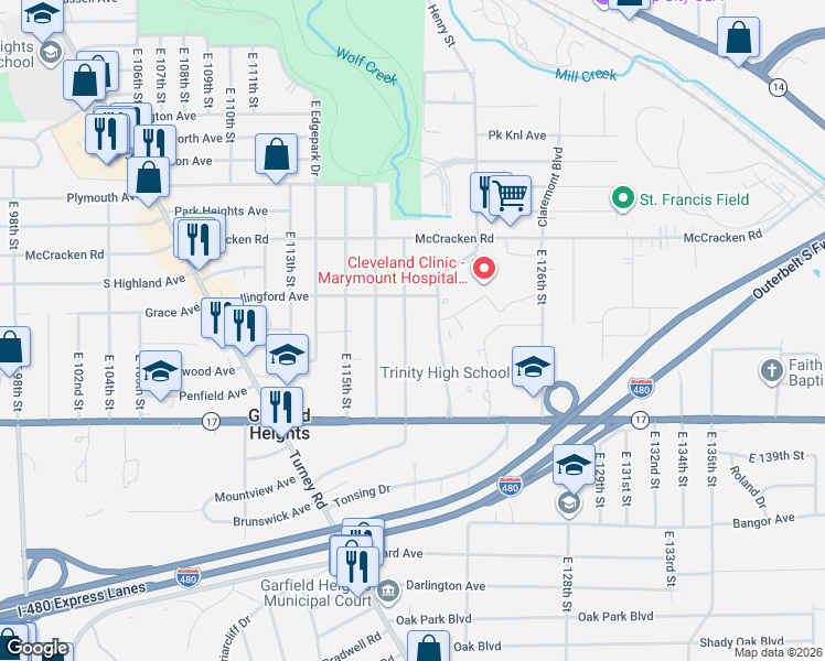 map of restaurants, bars, coffee shops, grocery stores, and more near 5226 East 119th Street in Garfield Heights