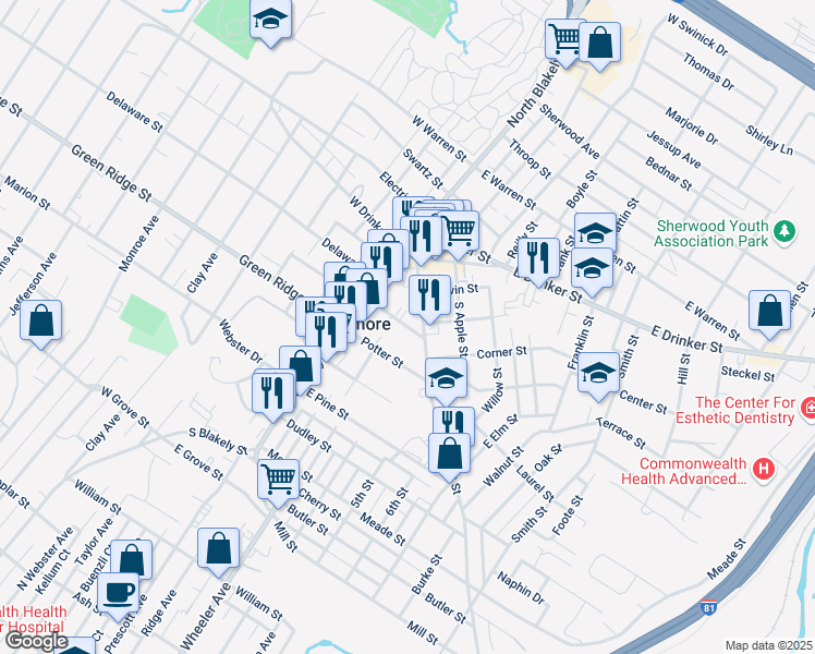 map of restaurants, bars, coffee shops, grocery stores, and more near Shoemaker Street in Dunmore