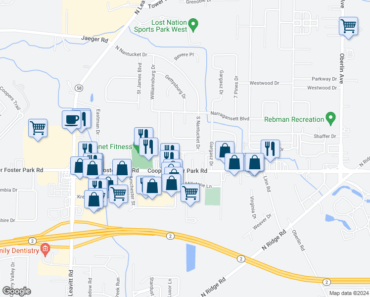 map of restaurants, bars, coffee shops, grocery stores, and more near 1826 South Nantucket Drive in Lorain