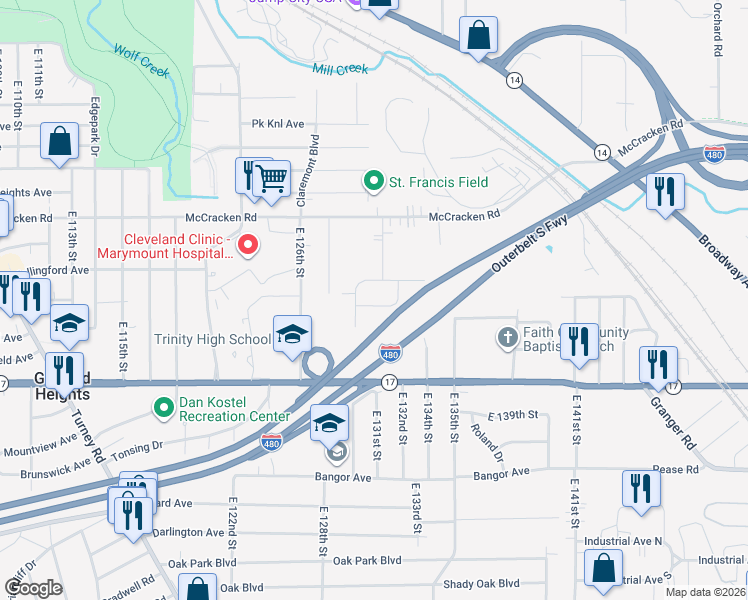 map of restaurants, bars, coffee shops, grocery stores, and more near 13005 Oak Street in Garfield Heights
