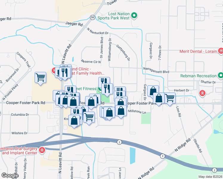 map of restaurants, bars, coffee shops, grocery stores, and more near 5714 Williamsburg Drive in Lorain