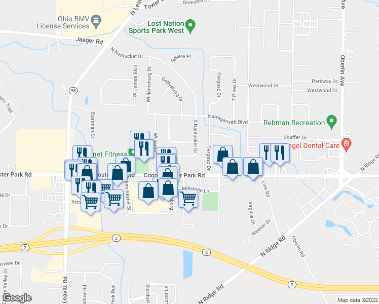 map of restaurants, bars, coffee shops, grocery stores, and more near 1814 South Nantucket Drive in Lorain