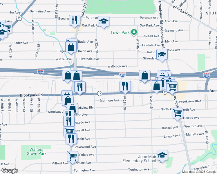 map of restaurants, bars, coffee shops, grocery stores, and more near 3000 Brookpark Road in Cleveland