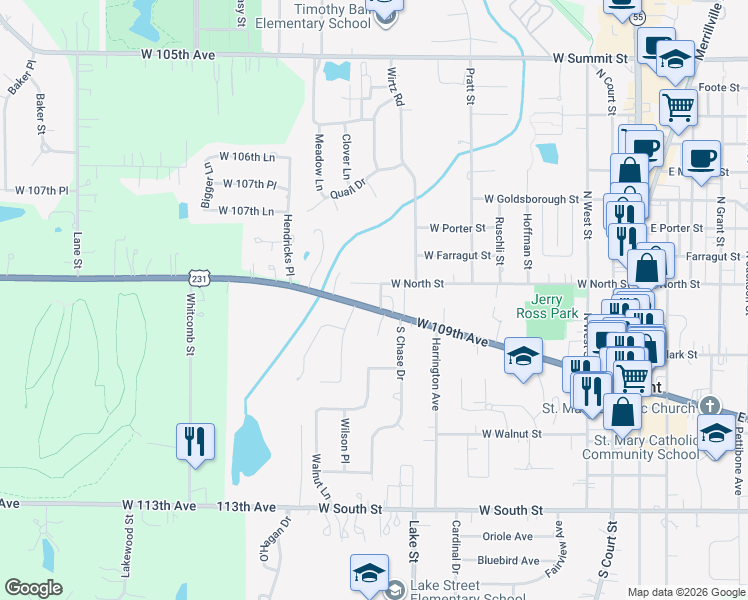 map of restaurants, bars, coffee shops, grocery stores, and more near 104 Tenbrook Dr in Crown Point
