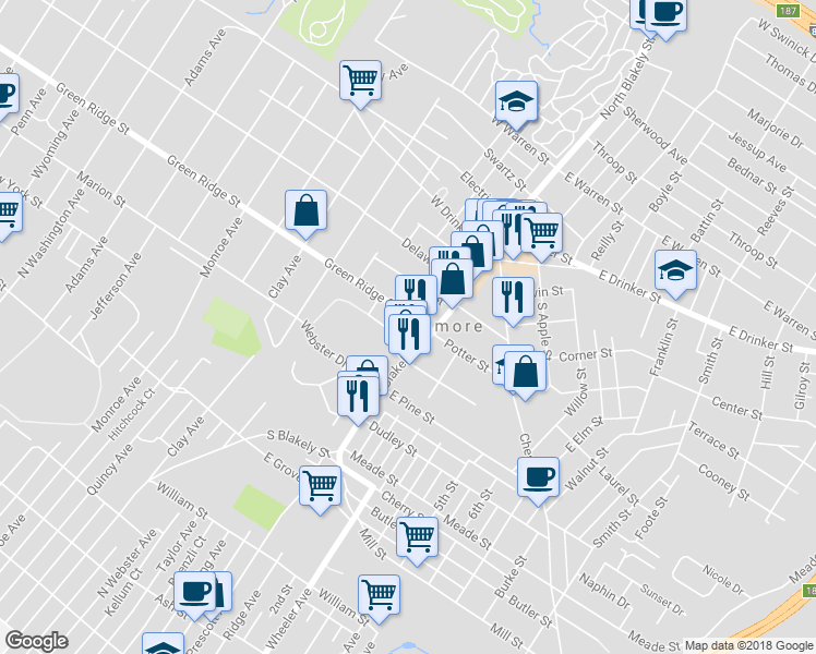 map of restaurants, bars, coffee shops, grocery stores, and more near 2020 Green Ridge Street in Scranton