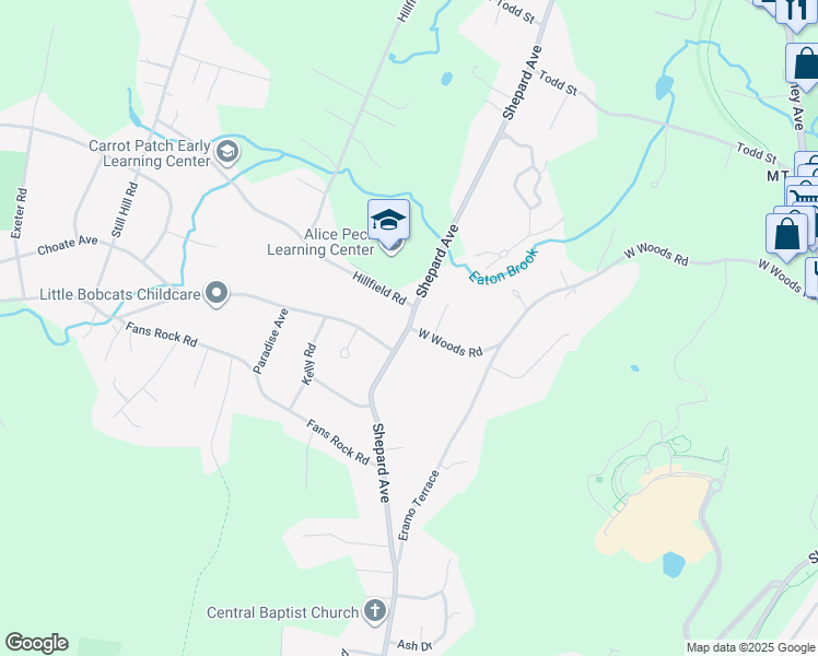 map of restaurants, bars, coffee shops, grocery stores, and more near Shepard Avenue & West Woods Road in Hamden