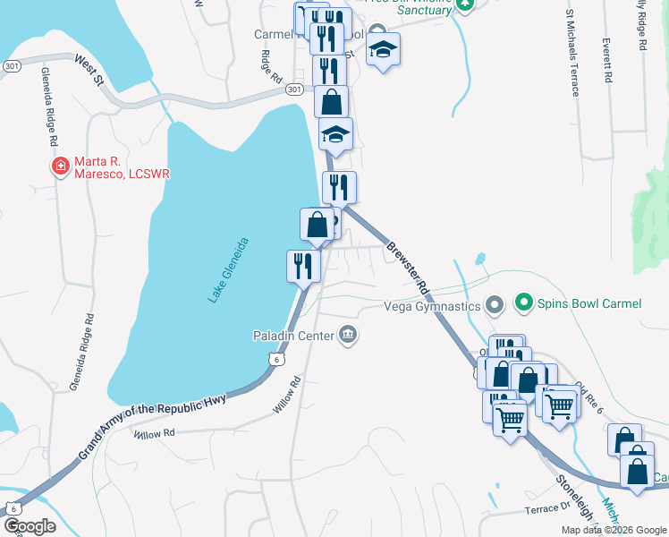 map of restaurants, bars, coffee shops, grocery stores, and more near 27 Seminary Hill Road in Carmel Hamlet