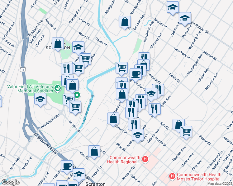 map of restaurants, bars, coffee shops, grocery stores, and more near 918 Sanderson Avenue in Scranton
