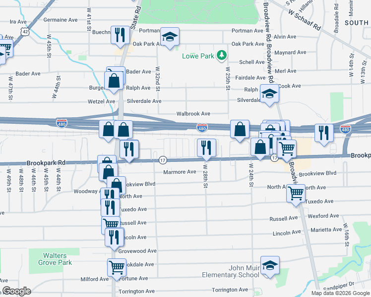 map of restaurants, bars, coffee shops, grocery stores, and more near 4 First Street in Cleveland