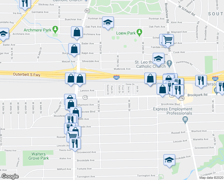map of restaurants, bars, coffee shops, grocery stores, and more near 3000 Brookpark Road in Cleveland