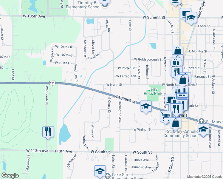 map of restaurants, bars, coffee shops, grocery stores, and more near 790 West Joliet Street in Crown Point