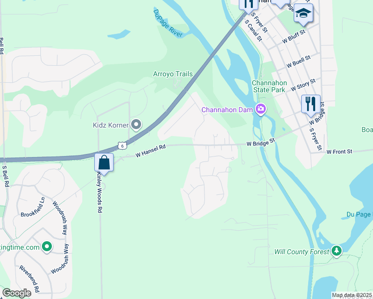 map of restaurants, bars, coffee shops, grocery stores, and more near 25651 West Bridge Street in Channahon