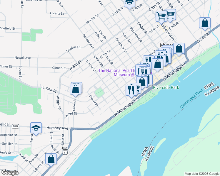 map of restaurants, bars, coffee shops, grocery stores, and more near 513 West 3rd Street in Muscatine